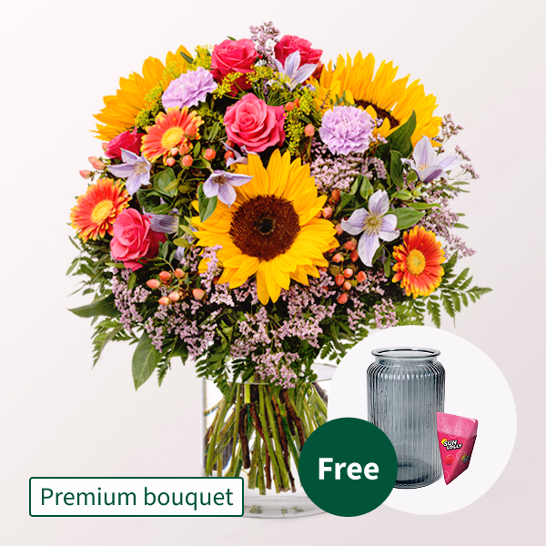 Premium Bouquet Farbenfreude with Premium Vase & Halloren Balls