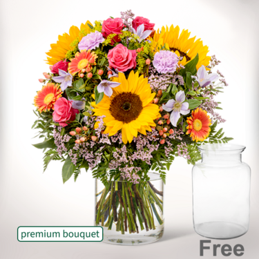 freshly tied Premium Bouquet Farbenfreude with premium vase