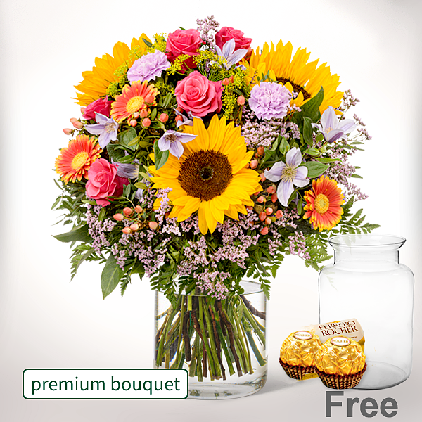 Premium Bouquet Meine Heldin with premium vase & 2 Ferrero Rocher