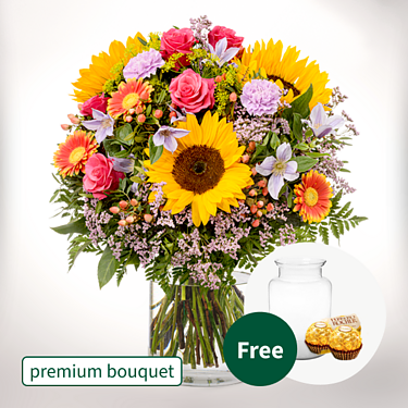 Premium Bouquet Farbenfreude with premium vase & 2 Ferrero Rocher