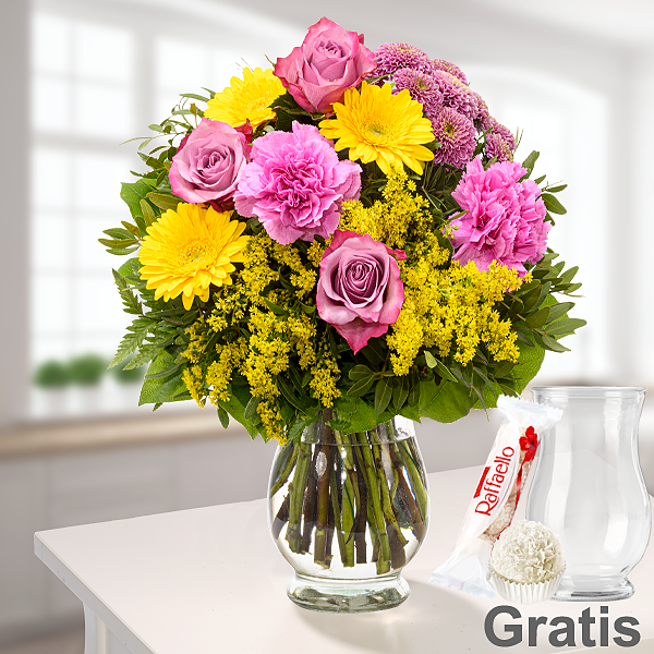Blumenstrauß Sommerliebe mit Vase & Ferrero Raffaello