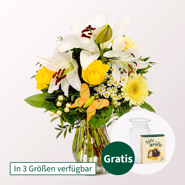 Blumenstrauß Sonnengelb mit Halloren Kugeln & Vase