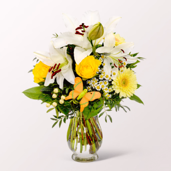 Blumenstrauß Sonnengelb mit Halloren Kugeln & Vase