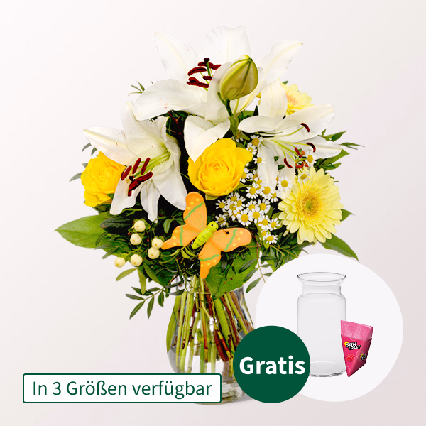 Blumenstrauß Sonnengelb mit SunLolly Himbeere & Vase