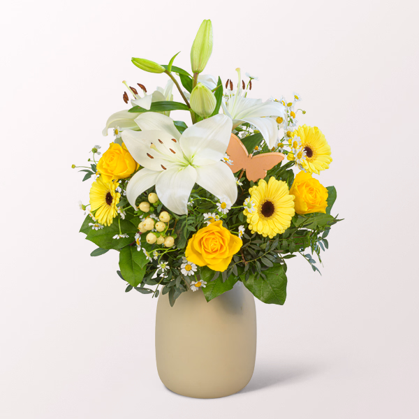 Blumenstrauß Sonnengelb mit Vase & Ferrero Giotto
