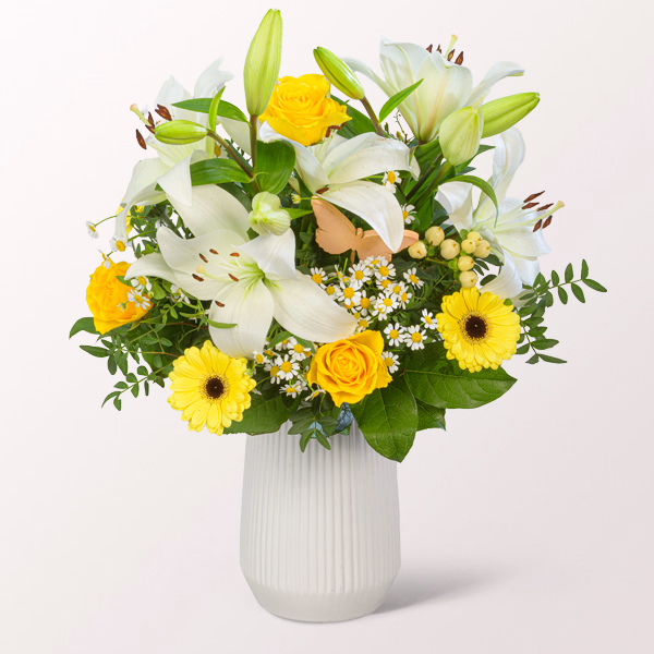 Blumenstrauß Sonnengelb mit Halloren Kugeln & Vase