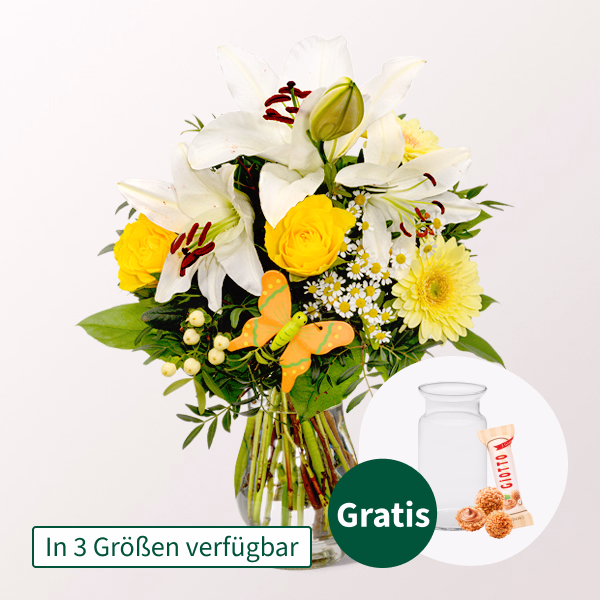 Blumenstrauß Sonnengelb mit Vase & Ferrero Giotto