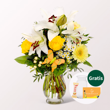 Blumenstrauß Sonnengelb mit Vase & Ferrero Giotto 3er & Teaballs