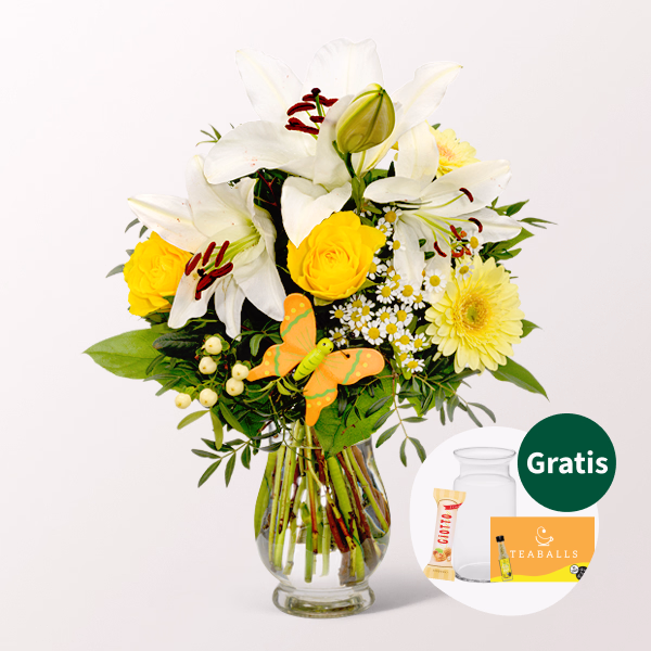 Blumenstrauß Sonnengelb mit Vase & Ferrero Giotto 3er & Teaballs