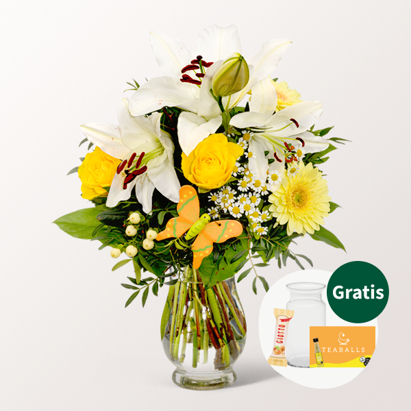 Blumenstrauß Sonnengelb mit Vase & Ferrero Giotto 3er & Teaballs