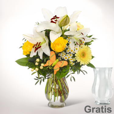 frisch gebunden Blumenstrauß Sonnengelb mit Vase