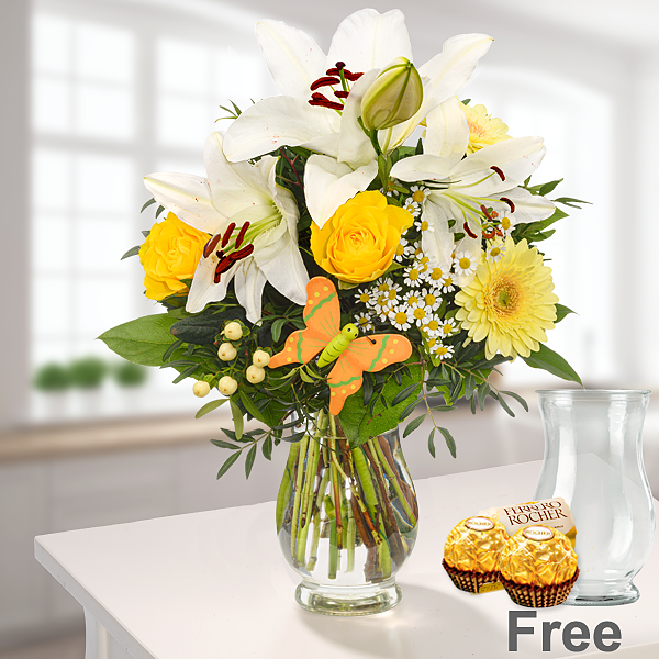 Flower Bouquet Sonnengelb with vase & 2 Ferrero Rocher