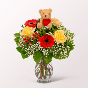 Blumenstrauß Herzensbote mit Vase & Ferrero Giotto 3er
