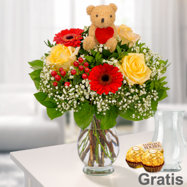 frisch gebunden Blumenstrauß Herzensbote mit Vase & 2 Ferrero Rocher