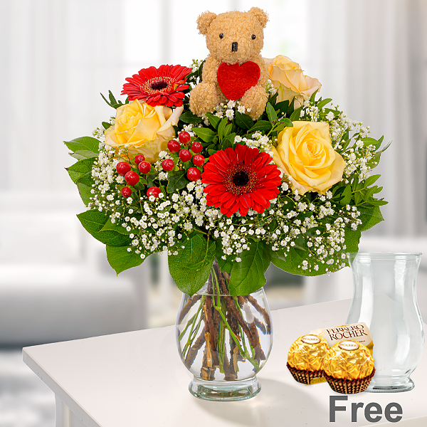 Flower Bouquet Herzensbote with vase & 2 Ferrero Rocher