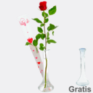 Rote, langstielige Rose in Köcher mit Herzen "Ich liebe Dich" mit Vase