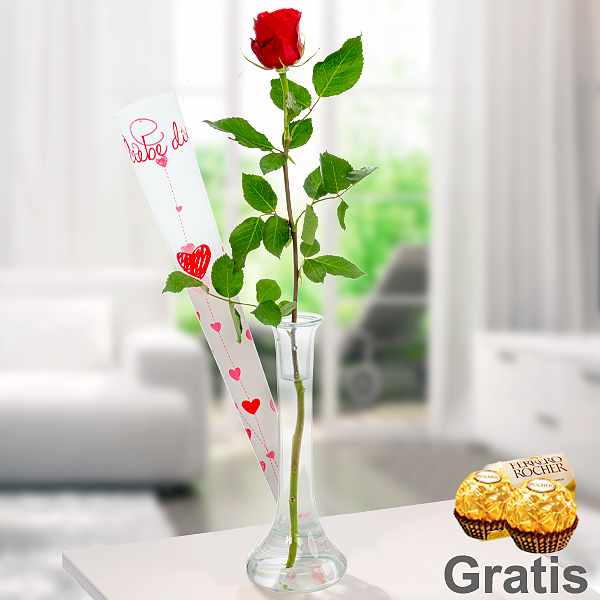 Rote, langstielige Rose in Köcher mit Herzen "Ich liebe Dich" mit Vase & 2 Ferrero Rocher