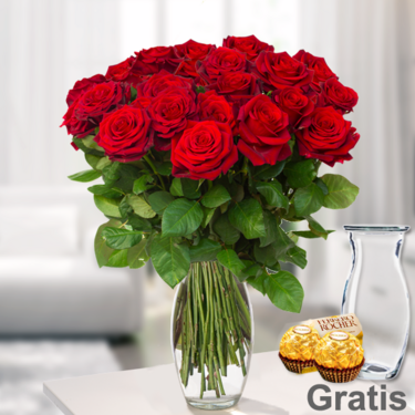 frisch gebunden 25 rote Valentinstags-Rosen im Bund mit Vase & 2 Ferrero Rocher