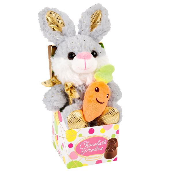 Plüsch-Hase auf Box, gefüllt mit Nougat- pralinen