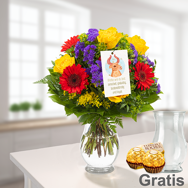 Sternzeichen-Blumenstrauß „Widder“ mit Vase & 2 Ferrero Rocher