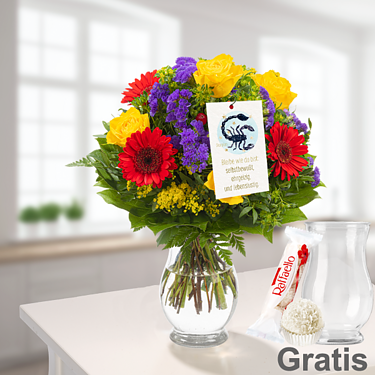 Sternzeichen-Blumenstrauß „Waage“ mit Vase & Ferrero Raffaello & Sternzeichen-Blumenstecker "Waage"