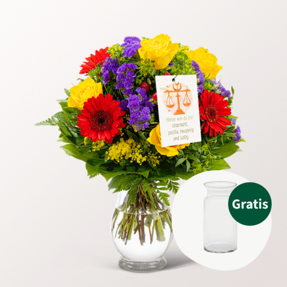 Sternzeichen-Blumenstrauß Waage mit Vase & Blumenstecker