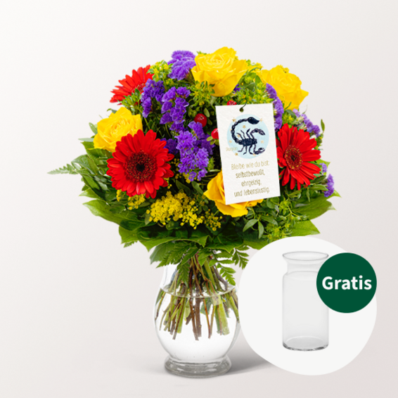 Sternzeichen-Blumenstrauß Skorpion mit Vase & Blumenstecker