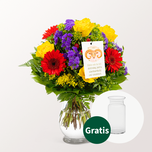 Sternzeichen-Blumenstrauß Widder mit Vase & Blumenstecker