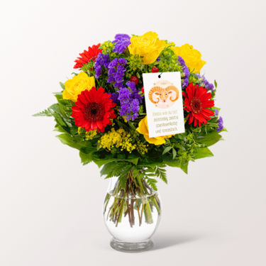 Sternzeichen-Blumenstrauß Widder mit Vase & Blumenstecker