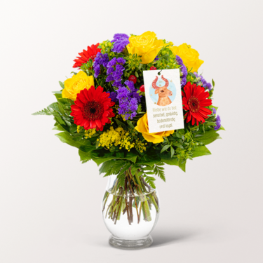 Sternzeichen-Blumenstrauß Stier mit Vase & Blumenstecker