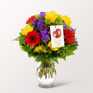 Sternzeichen-Blumenstrauß Zwilling mit Vase & Blumenstecker