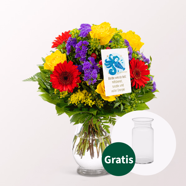 Sternzeichen-Blumenstrauß Wassermann mit Vase & Blumenstecker