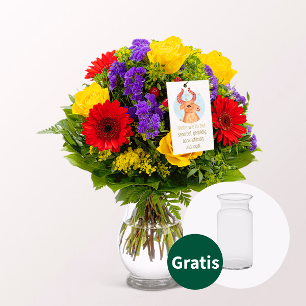 Sternzeichen-Blumenstrauß Stier mit Vase & Blumenstecker