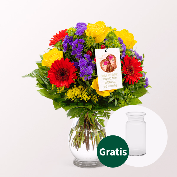 Sternzeichen-Blumenstrauß Zwilling mit Vase & Blumenstecker