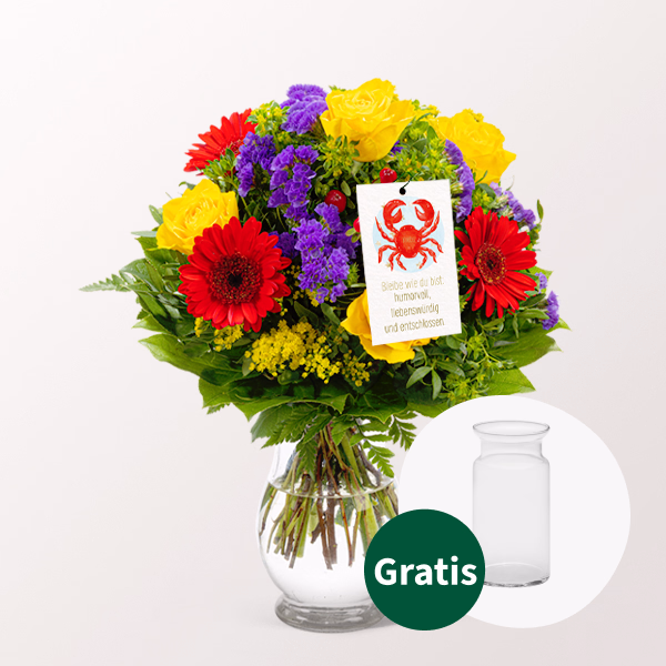Sternzeichen-Blumenstrauß Krebs mit Blumenstecker & Vase