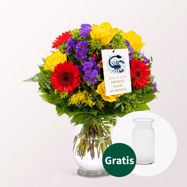 Sternzeichen-Blumenstrauß Skorpion mit Blumenstecker & Vase