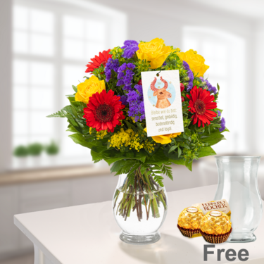 freshly tied Zodia Sign Flower Bouquet "Aries" with vase & 2 Ferrero Rocher & Zodiac Sign Flowercard "Aries"