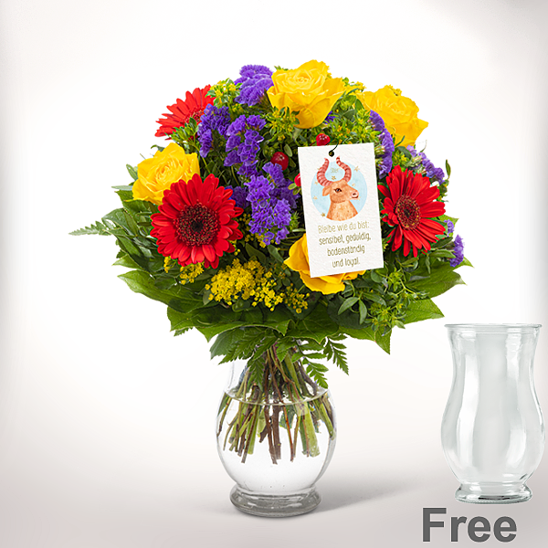 Zodia Sign Flower Bouquet „Taurus“ with vase & Zodiac Sign Flowercard