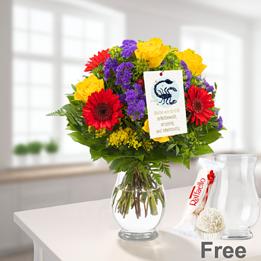 Zodia Sign Flower Bouquet "Libra" with vase & Ferrero Raffaello & Flowercard