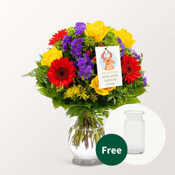 Zodia Sign Flower Bouquet Taurus with vase & Zodiac Sign Flowercard