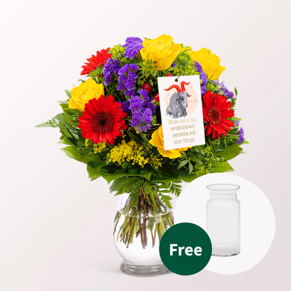 Zodia Sign Flower Bouquet Capricorn with vase & Zodiac Sign Flowercard