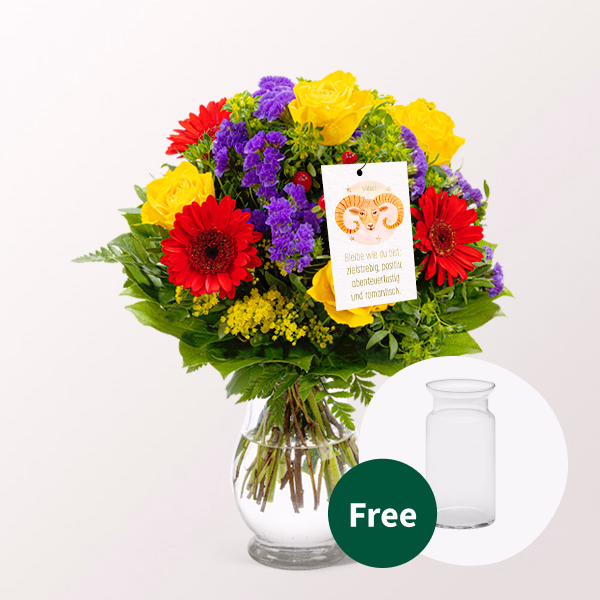 Zodia Sign Flower Bouquet Aries with vase & Zodiac Sign Flowercard