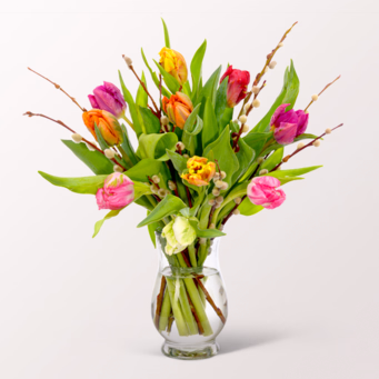 10 Papageientulpen mit Weidenkätzchen mit Vase