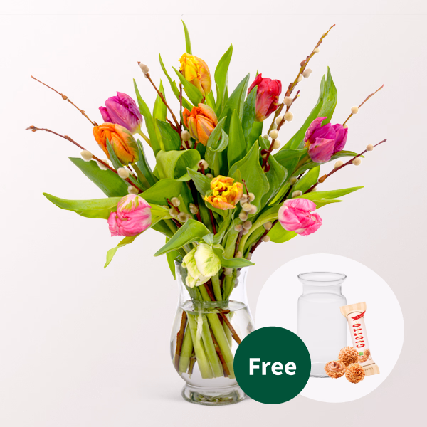 10 Parrot tulips with willow catkins