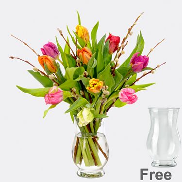 10 Parrot tulips with willow catkins with vase