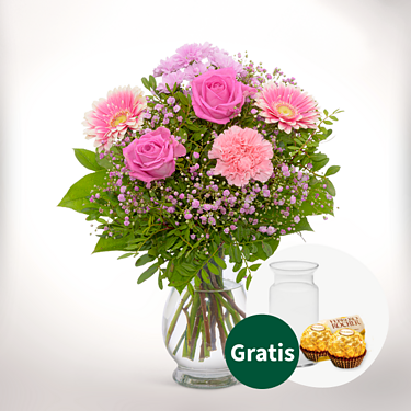Blumenstrauß Zarte Grüße mit Vase & 2 Ferrero Rocher