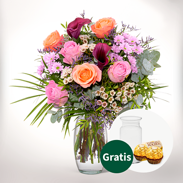 Blumenstrauß „Schön, dass es dich gibt“ mit Vase & 2 Ferrero Rocher