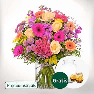 Premiumstrauß Blütenmeer mit Premiumvase & 2 Ferrero Rocher