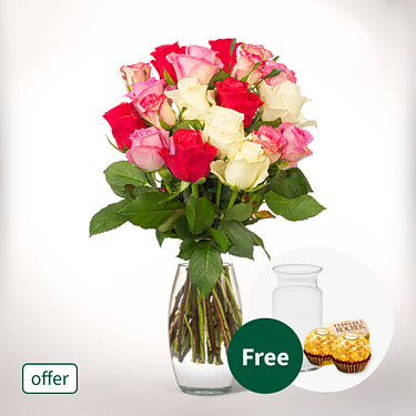 Bunch of roses Muttertagszauber with vase & 2 Ferrero Rocher