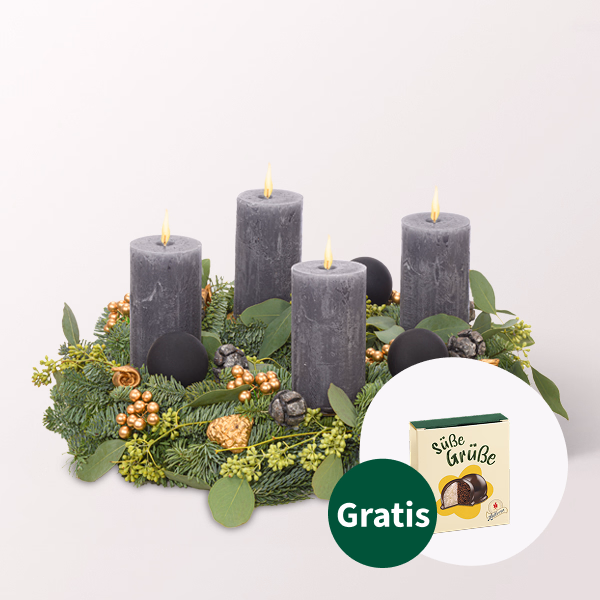 Anthrazitfarbener Adventskranz (Ø 30 cm) mit Halloren Kugeln